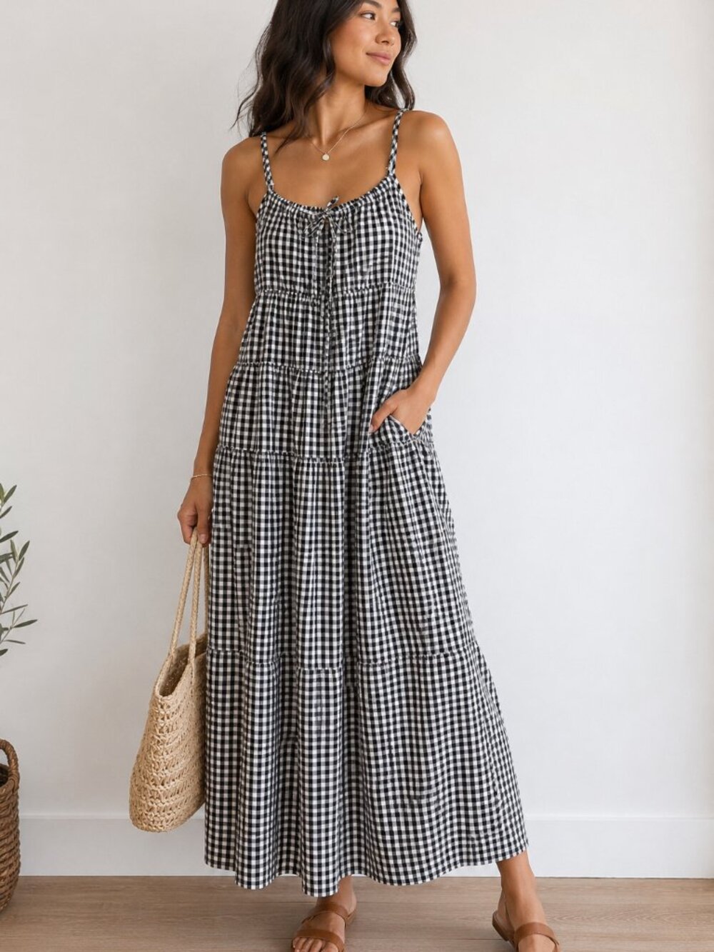 NWT Sim & Sam Black White Gingham Bow Tie Front Tiered Maxi Dress Size M